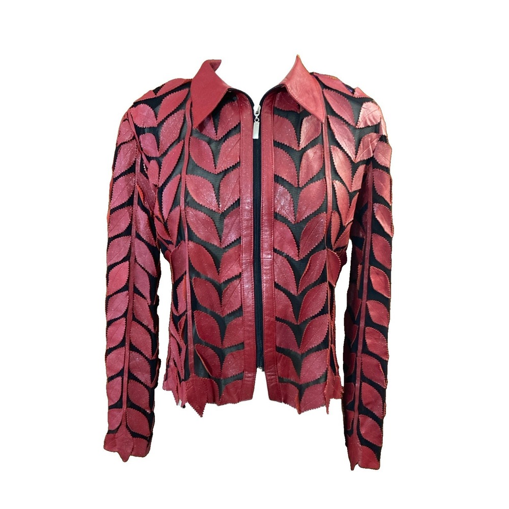 Natto Leather Leaf Jacket Sz S Red Black Mesh Sparkly‎ Vtg